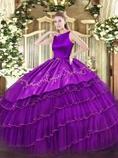 Adorable Purple Scoop Neckline Embroidery and Ruffled Layers 15 Quinceanera Dress Sleeveless Clasp Handle