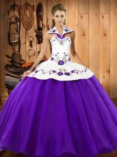 Dramatic Purple Quinceanera Gowns Military Ball and Sweet 16 and Quinceanera with Embroidery Halter Top Sleeveless Lace Up