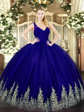 Deluxe Purple Ball Gowns Tulle V-neck Sleeveless Beading and Lace and Appliques Floor Length Backless Vestidos de Quinceanera