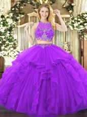 Floor Length Zipper Quinceanera Dresses Purple for Military Ball and Sweet 16 and Quinceanera with Beading and Ruffles