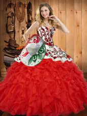 Attractive Red Tulle Lace Up Sweet 16 Dresses Sleeveless Floor Length Embroidery and Ruffles