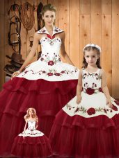 Hot Sale Halter Top Sleeveless Ball Gown Prom Dress Floor Length Embroidery and Ruffled Layers Wine Red Satin and Organza