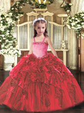Organza Straps Sleeveless Lace Up Appliques and Ruffles Little Girl Pageant Gowns in Red