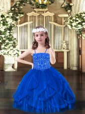 Blue Girls Pageant Dresses Party and Quinceanera with Beading and Ruffles Spaghetti Straps Sleeveless Lace Up