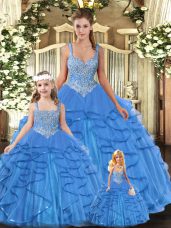 Aqua Blue Sleeveless Beading and Ruffles Floor Length Quinceanera Gown