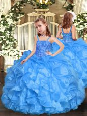 Latest Sleeveless Floor Length Beading and Ruffles Zipper Little Girls Pageant Gowns with Baby Blue