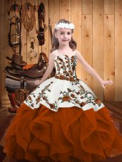 Embroidery and Ruffles Pageant Dresses Rust Red Lace Up Sleeveless Floor Length