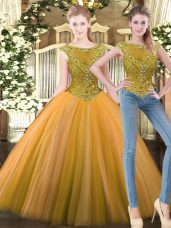 Smart Olive Green Tulle Zipper Quinceanera Dresses Sleeveless Floor Length Beading
