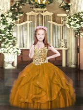 Brown Spaghetti Straps Neckline Beading and Ruffles Little Girl Pageant Dress Sleeveless Lace Up