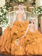 Orange Red Sleeveless Beading and Ruffles Floor Length Sweet 16 Dress