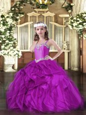Fuchsia Ball Gowns Beading and Ruffles Kids Pageant Dress Lace Up Organza Sleeveless Floor Length