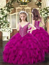 Sleeveless Organza Floor Length Lace Up Little Girls Pageant Dress in Fuchsia with Beading and Ruffles