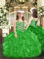 Elegant Green Ball Gowns Beading and Ruffles Little Girl Pageant Gowns Lace Up Organza Sleeveless Floor Length