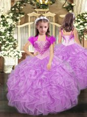 Cute Lilac Pageant Gowns For Girls Party and Sweet 16 and Quinceanera and Wedding Party with Beading and Ruffles Straps Sleeveless Lace Up