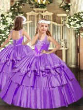 Sleeveless Lace Up Floor Length Beading and Ruffled Layers Child Pageant Dress