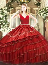 Custom Made Wine Red V-neck Zipper Embroidery and Ruffled Layers Sweet 16 Quinceanera Dress Sleeveless