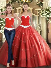 Flare Coral Red Ball Gowns Tulle Sweetheart Sleeveless Beading Floor Length Lace Up Sweet 16 Dress