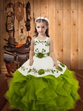 Olive Green Lace Up Girls Pageant Dresses Embroidery and Ruffles Sleeveless Floor Length