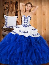 Sleeveless Satin and Organza Floor Length Lace Up 15 Quinceanera Dress in Blue And White with Embroidery and Ruffles
