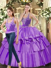 Elegant Eggplant Purple Two Pieces Straps Sleeveless Organza Floor Length Lace Up Ruffled Layers 15th Birthday Dress