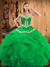 Green Ball Gowns Sweetheart Sleeveless Satin and Organza Floor Length Lace Up Embroidery Quinceanera Gown