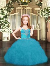 Low Price Spaghetti Straps Sleeveless Casual Dresses Floor Length Beading and Ruffles and Pick Ups Aqua Blue Organza