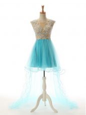 Sleeveless Backless High Low Appliques Prom Party Dress