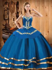 Glittering Organza Sweetheart Sleeveless Lace Up Embroidery Quince Ball Gowns in Blue