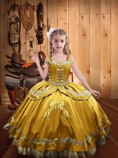 Beading and Embroidery Girls Pageant Dresses Gold Lace Up Sleeveless Floor Length