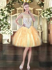 Most Popular Scoop Sleeveless Prom Dress Mini Length Beading and Ruffles Orange Tulle