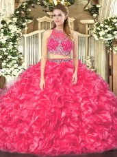 Coral Red Organza Zipper Quinceanera Dress Sleeveless Floor Length Beading and Ruffles