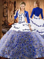 Multi-color Sleeveless Satin and Fabric With Rolling Flowers Sweep Train Lace Up Sweet 16 Dresses for Military Ball and Sweet 16 and Quinceanera