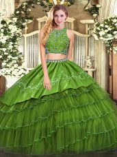 Wonderful Two Pieces Quinceanera Gown Olive Green High-neck Tulle Sleeveless Floor Length Zipper