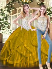 Olive Green Ball Gowns Beading and Ruffles Sweet 16 Dress Zipper Organza Sleeveless Floor Length