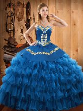 Fashion Embroidery and Ruffled Layers Sweet 16 Dress Blue Lace Up Sleeveless Floor Length