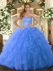 Glorious Blue Ball Gowns Sweetheart Sleeveless Tulle Floor Length Lace Up Ruffles Sweet 16 Quinceanera Dress