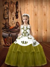 Olive Green Ball Gowns Tulle Straps Sleeveless Embroidery Floor Length Lace Up Child Pageant Dress