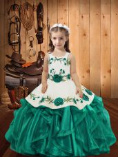 Lovely Teal Lace Up Straps Embroidery and Ruffles Little Girls Pageant Gowns Organza Sleeveless