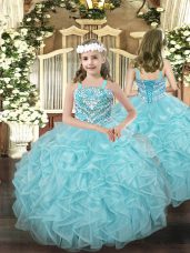 Trendy Light Blue Ball Gowns Straps Sleeveless Organza Floor Length Lace Up Beading and Ruffles Little Girls Pageant Dress