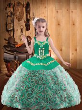 Classical Multi-color Ball Gowns Fabric With Rolling Flowers Straps Sleeveless Embroidery and Ruffles Floor Length Lace Up High School Pageant Dress