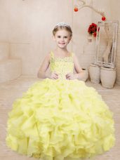 Light Yellow Lace Up Casual Dresses Beading and Ruffles Sleeveless Floor Length