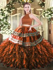 Custom Designed Rust Red Sleeveless Beading and Embroidery and Ruffles Floor Length Quinceanera Gowns