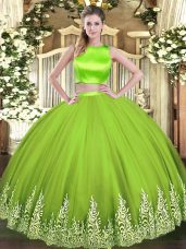 Cute Yellow Green Sweet 16 Quinceanera Dress Military Ball and Sweet 16 and Quinceanera with Appliques High-neck Sleeveless Criss Cross