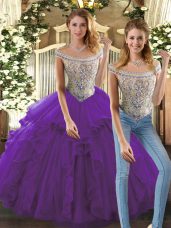 Popular Purple Quinceanera Dress Military Ball and Sweet 16 and Quinceanera with Beading and Ruffles Bateau Sleeveless Lace Up
