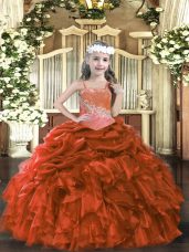 Affordable Rust Red Straps Lace Up Appliques and Ruffles Party Dress Wholesale Sleeveless