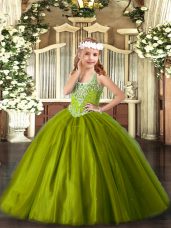 Luxurious Olive Green V-neck Lace Up Beading Little Girl Pageant Gowns Sleeveless