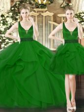 Fine Ball Gowns Quinceanera Gowns Green Straps Tulle Sleeveless Floor Length Lace Up