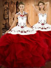 Ball Gowns Vestidos de Quinceanera Wine Red Halter Top Satin and Organza Sleeveless Floor Length Lace Up
