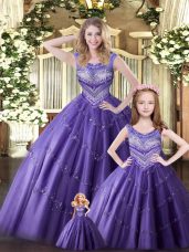 Eggplant Purple Sleeveless Tulle Lace Up Quinceanera Gowns for Military Ball and Sweet 16 and Quinceanera