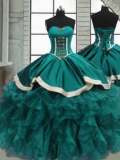 Teal Organza Lace Up Sweetheart Sleeveless Floor Length Quinceanera Gowns Beading and Ruffles